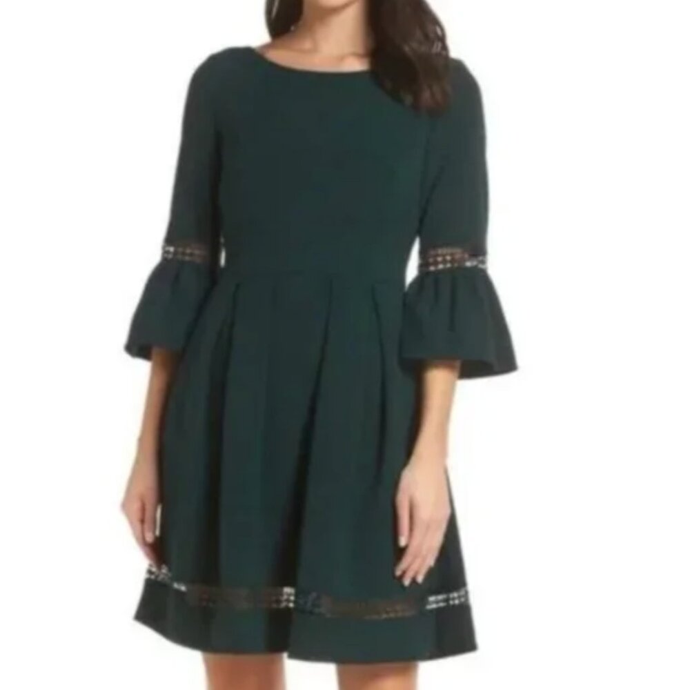 Eliza J Forest Green Fit/Flare Dress with Bell Sleeves (NWT)